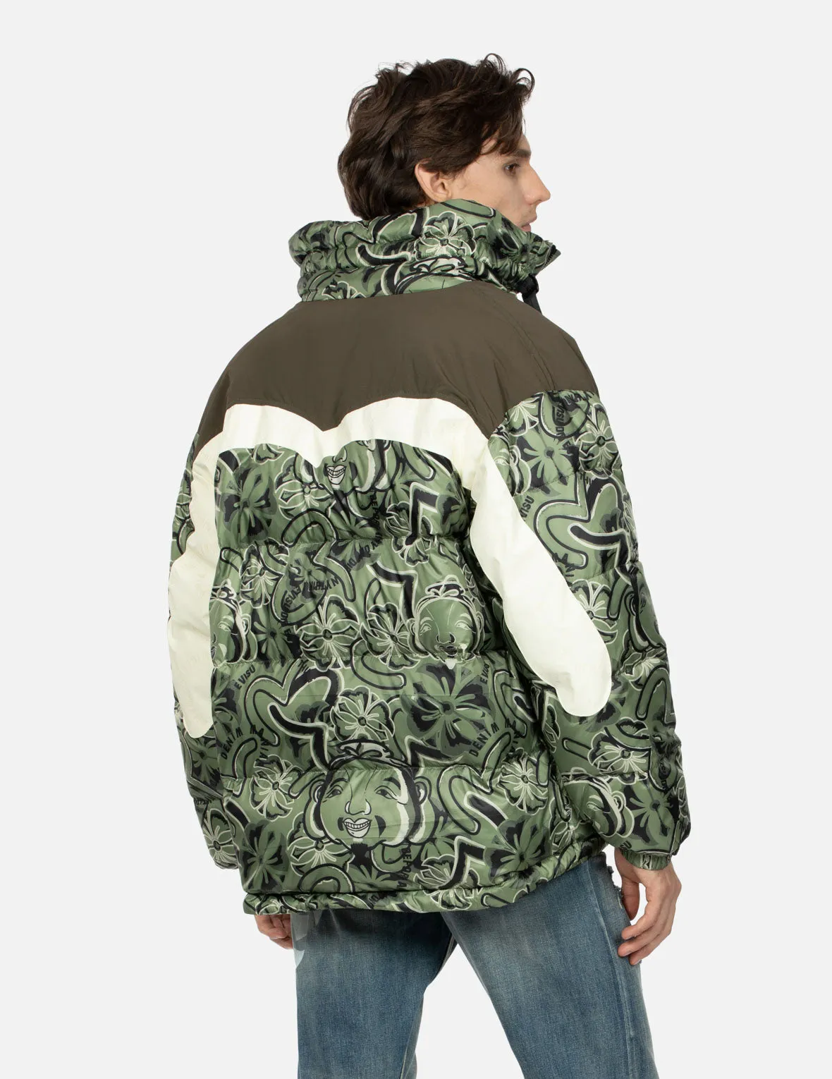 Allover Godhead and Kamon Daicock Print Loose Fit Down Jacket