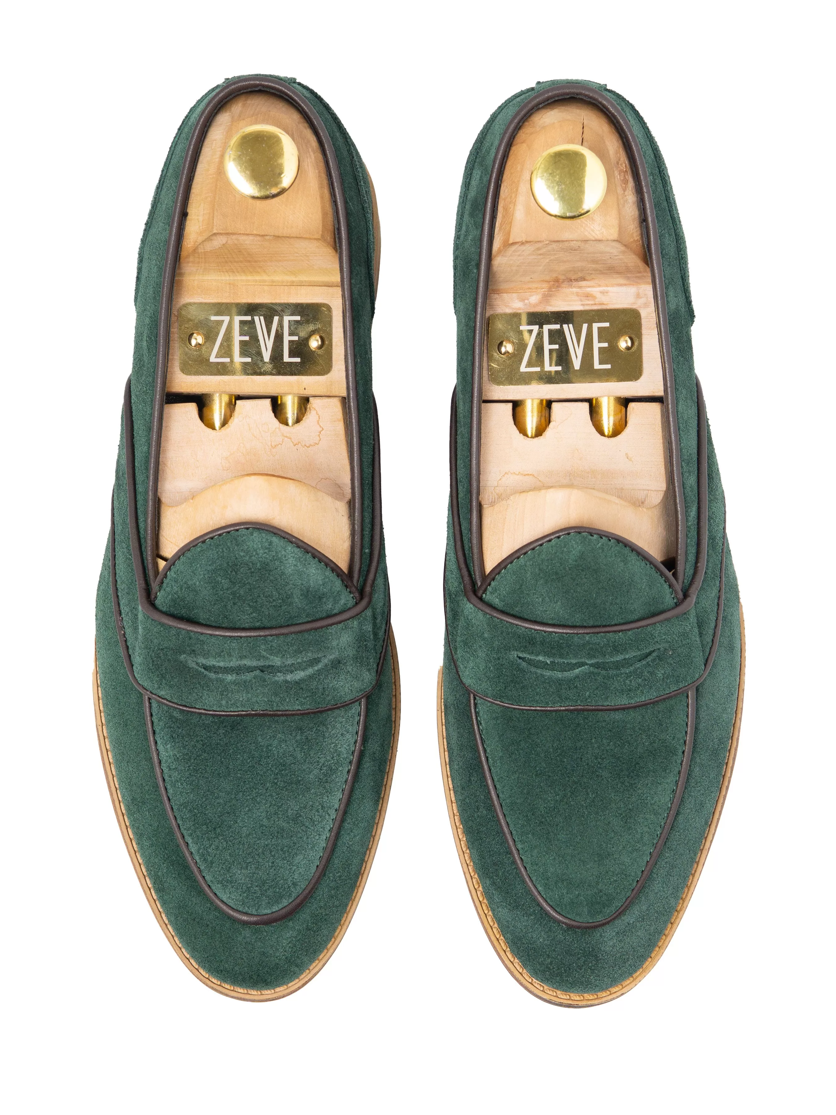 Belgian Loafer - Emerald Green Suede Leather With Penny Strap Piping (Flexi-Sole)