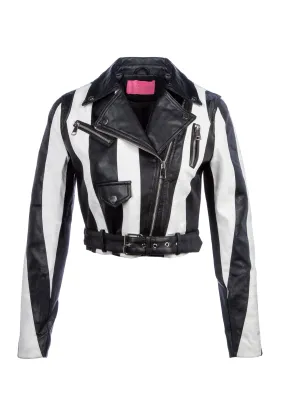 Black and White Striped Faux Leather Moto Jacket