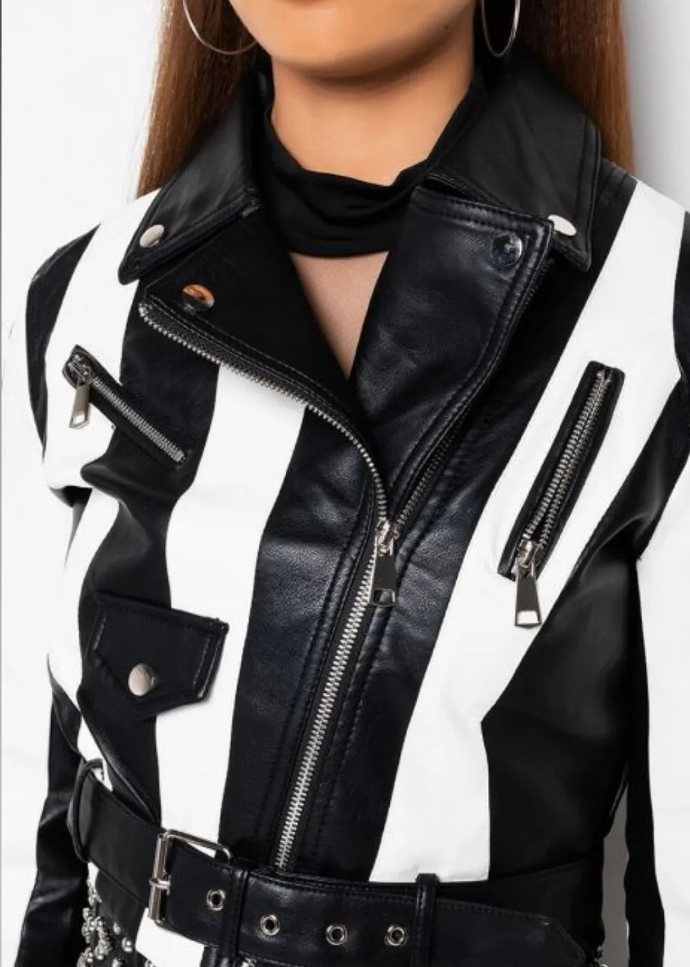 Black and White Striped Faux Leather Moto Jacket