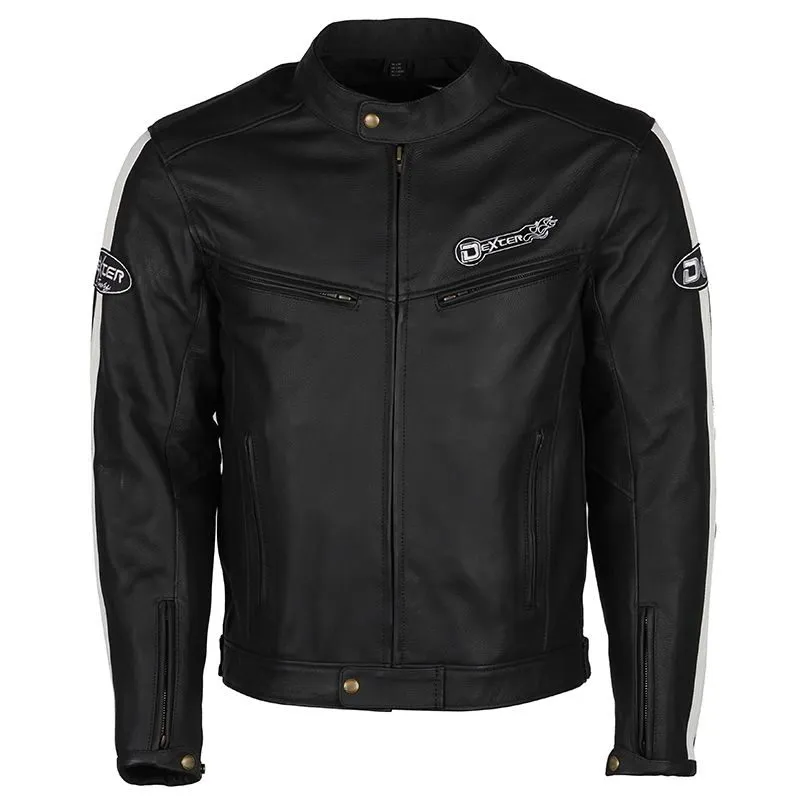 Black D63 Dexcer Motorbike Leather Jacket with White Stripe