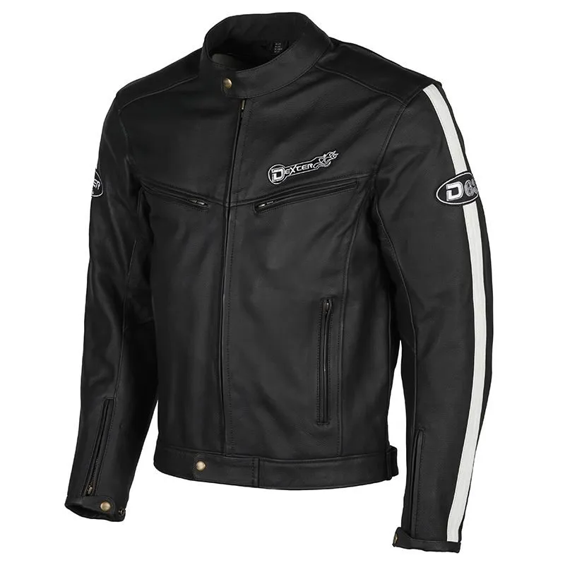 Black D63 Dexcer Motorbike Leather Jacket with White Stripe