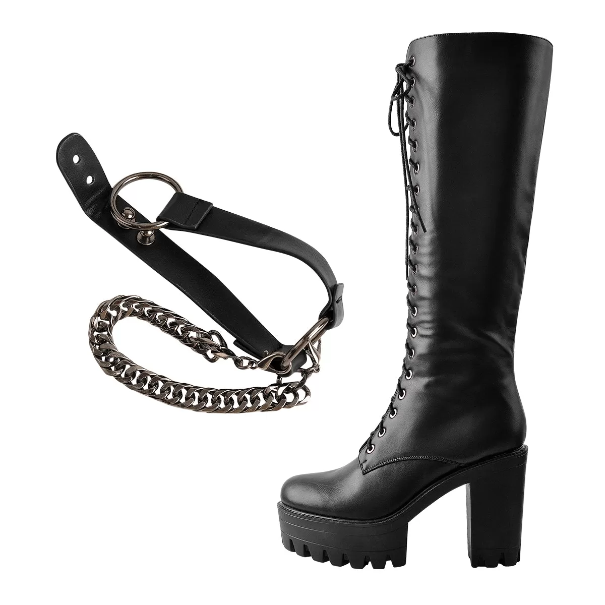 Black Platform Knee Chunky High Heels Boots