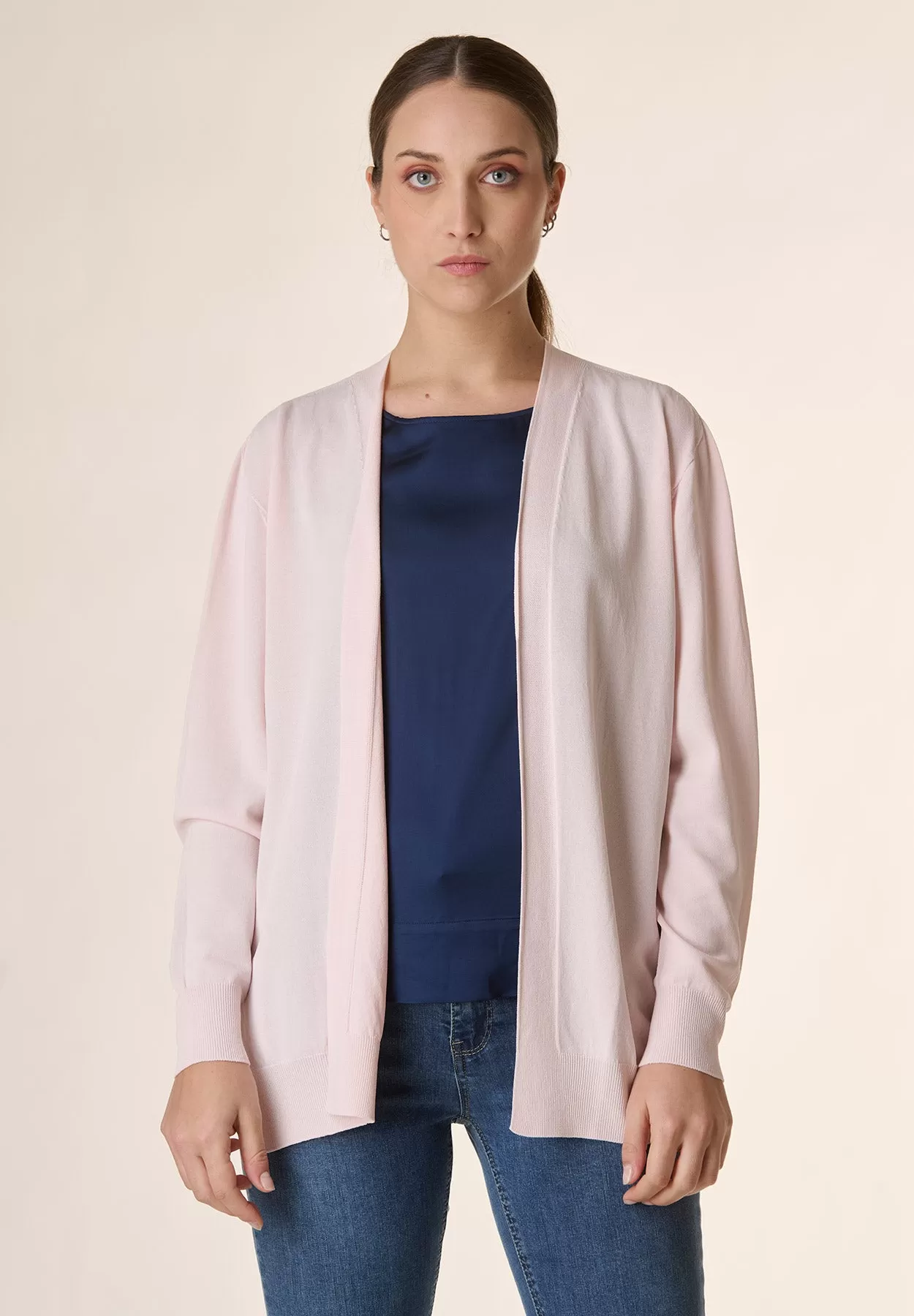 Cardigan rosa aperto collo scialle