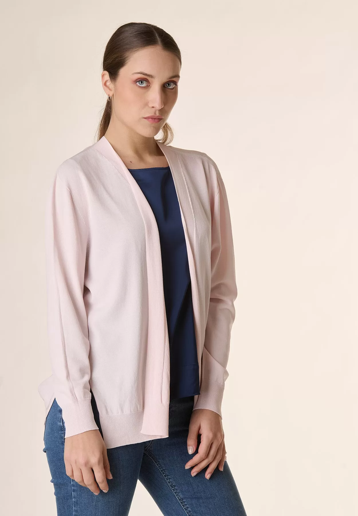 Cardigan rosa aperto collo scialle