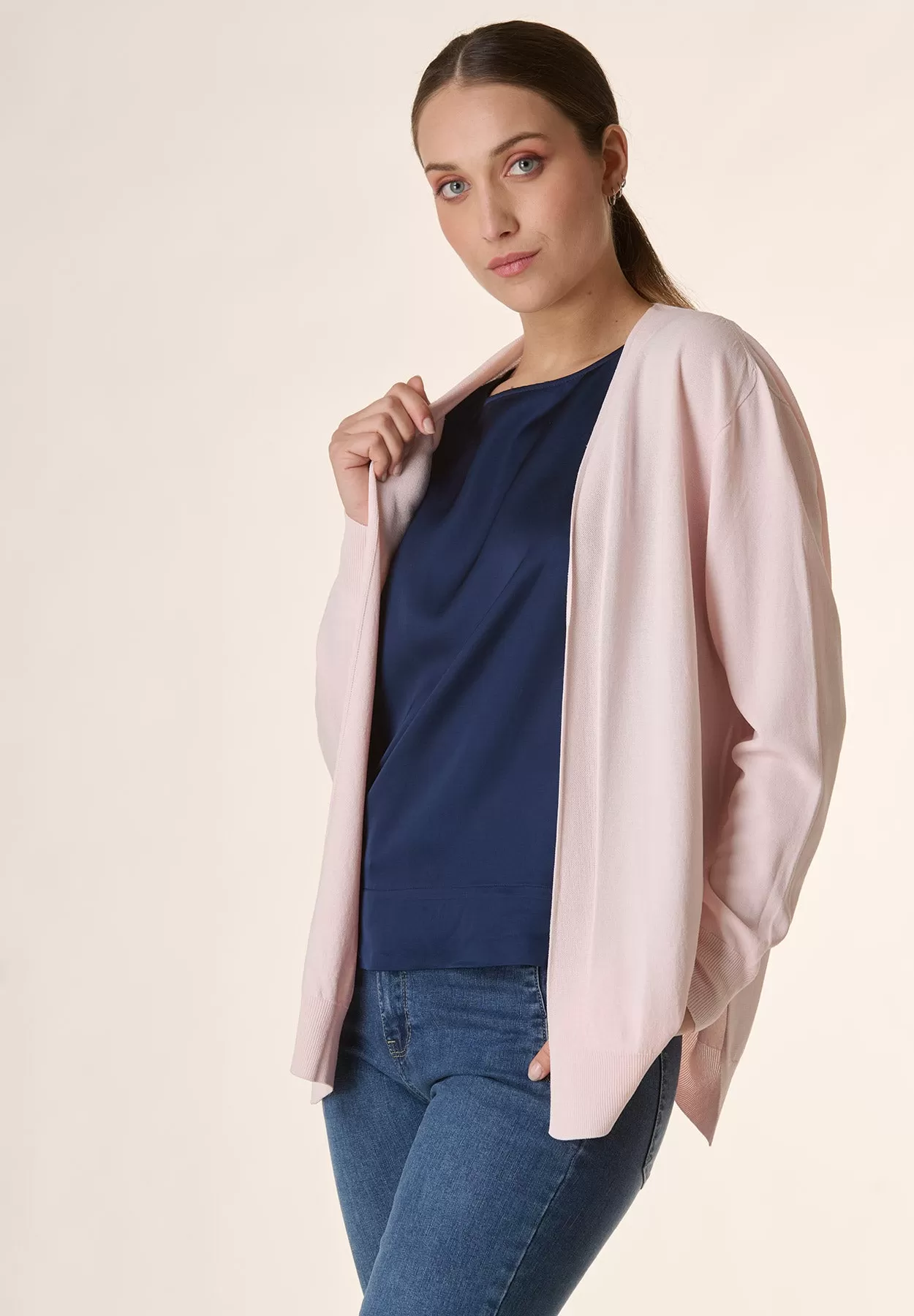 Cardigan rosa aperto collo scialle