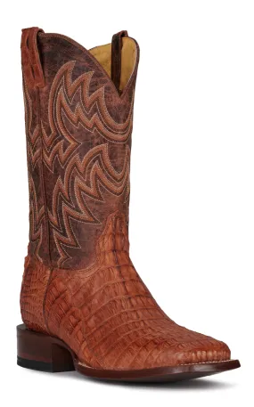 Cavender's Men's Cognac and Peanut Reverse Caiman Tail Wide Square Toe Exotic Cowboy Boot