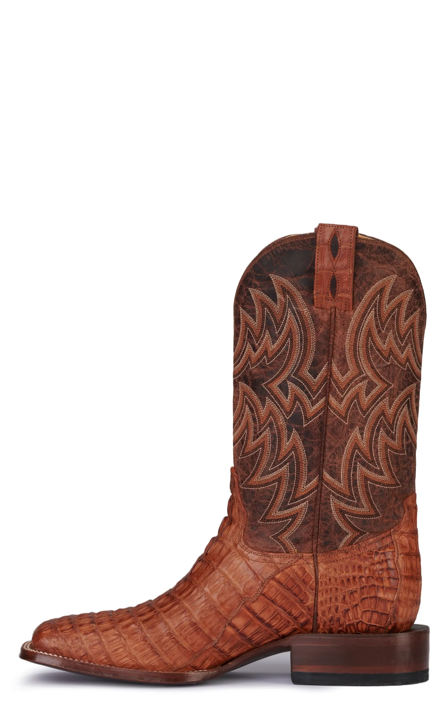 Cavender's Men's Cognac and Peanut Reverse Caiman Tail Wide Square Toe Exotic Cowboy Boot