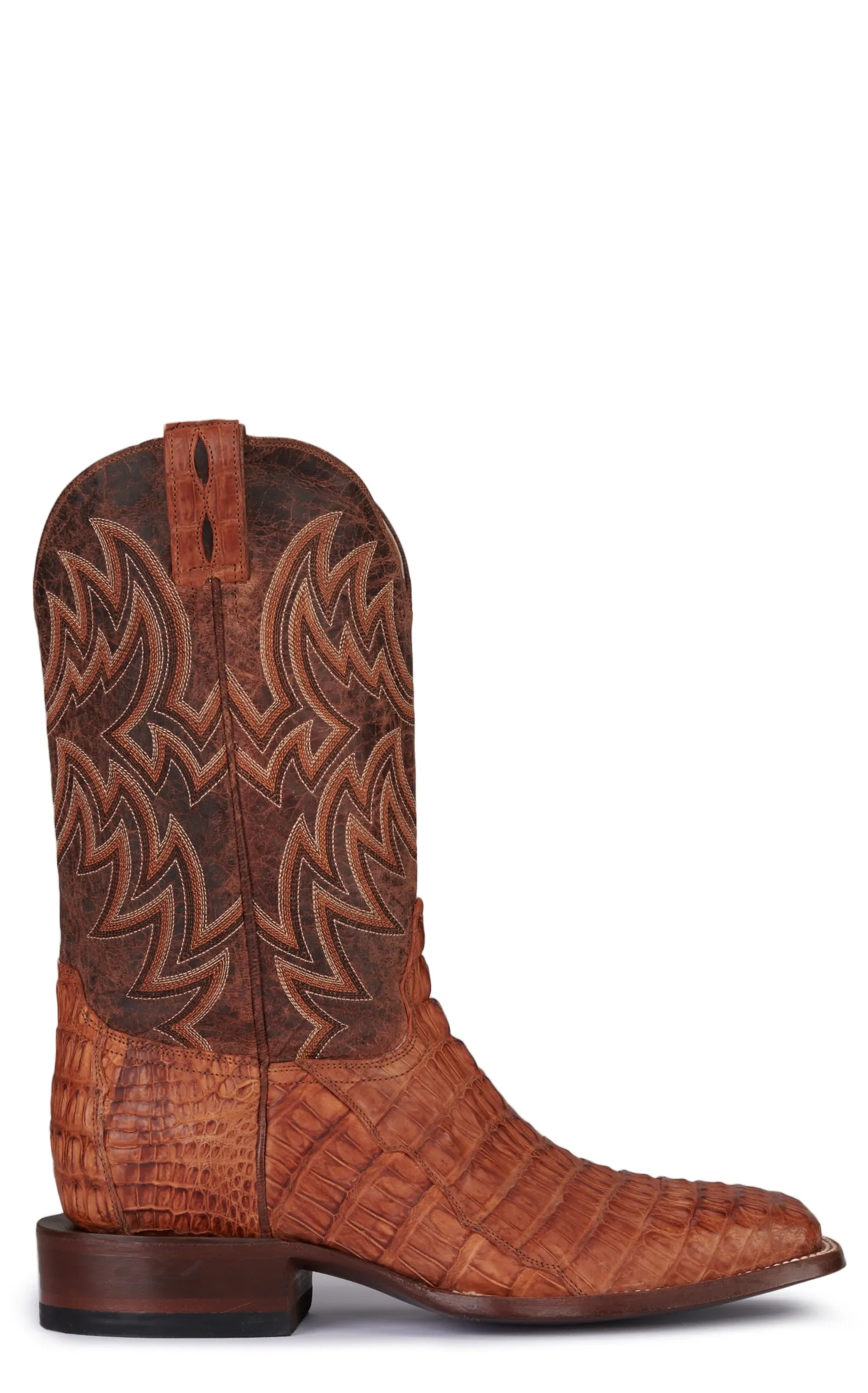 Cavender's Men's Cognac and Peanut Reverse Caiman Tail Wide Square Toe Exotic Cowboy Boot