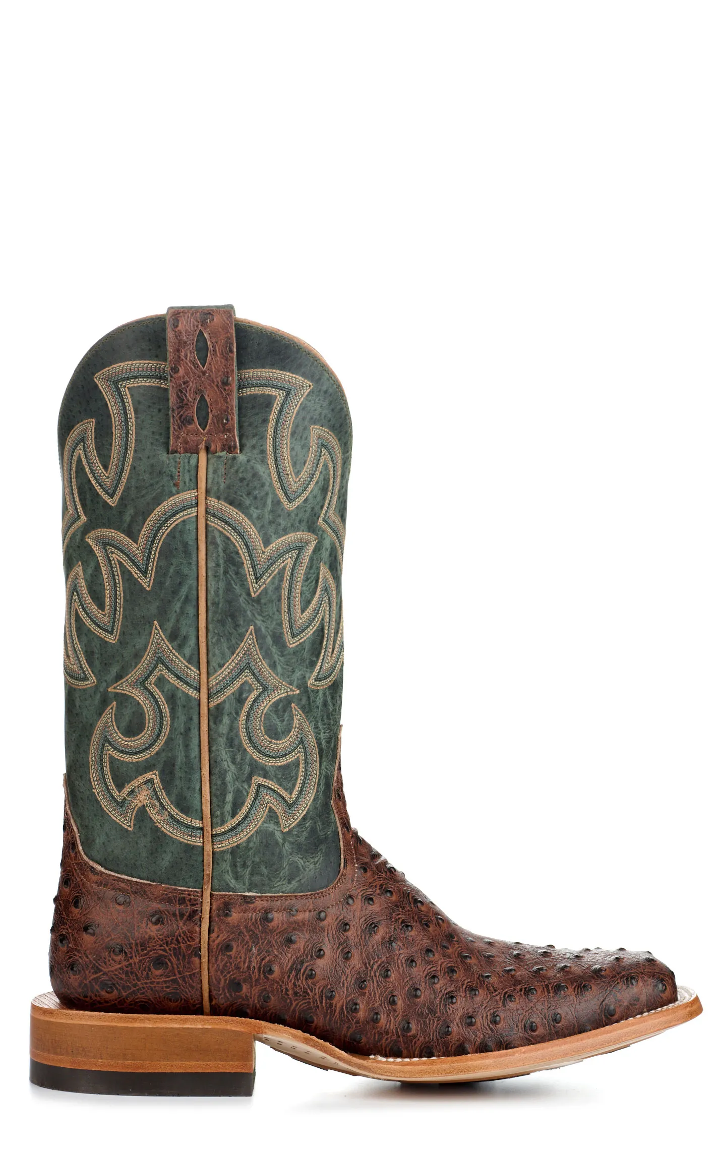 Cavender's Men's Endurance Deep Green and Brown Ostrich Print Wide Square Toe Cowboy Boots 