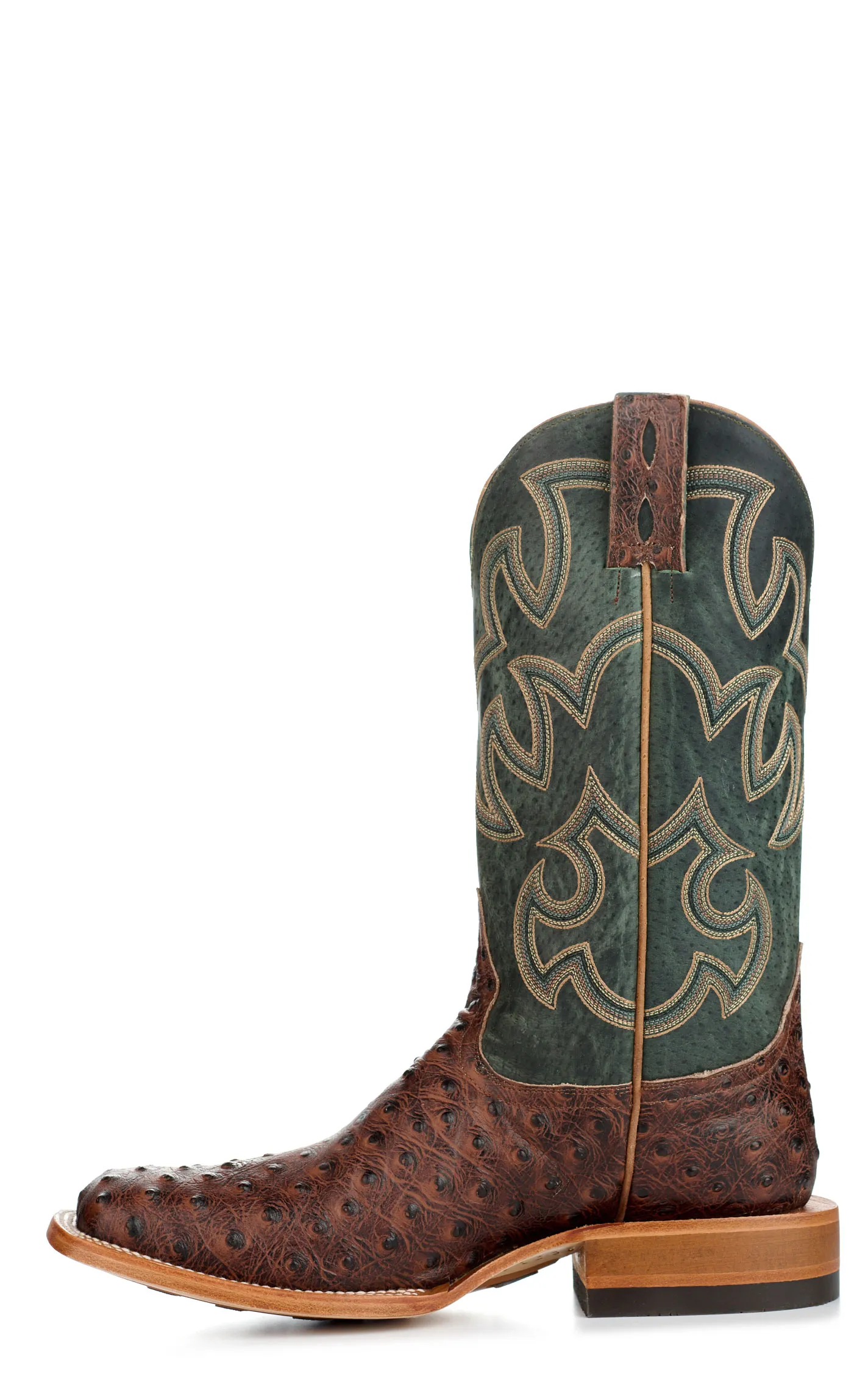 Cavender's Men's Endurance Deep Green and Brown Ostrich Print Wide Square Toe Cowboy Boots 