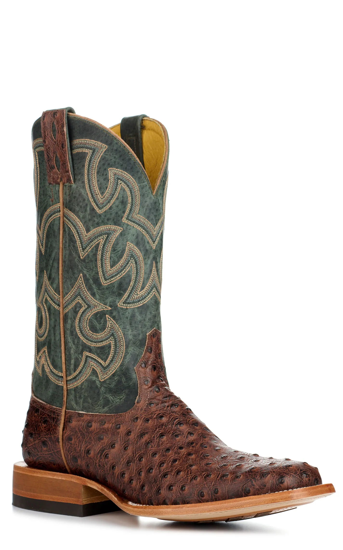 Cavender's Men's Endurance Deep Green and Brown Ostrich Print Wide Square Toe Cowboy Boots 