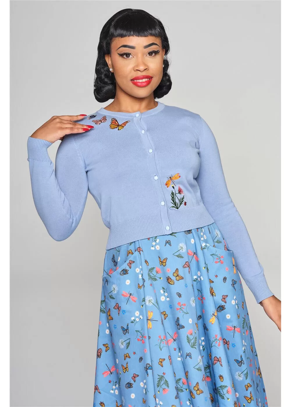 Collectif Jessie Butterfly Fields 40's Cardigan Light Blue