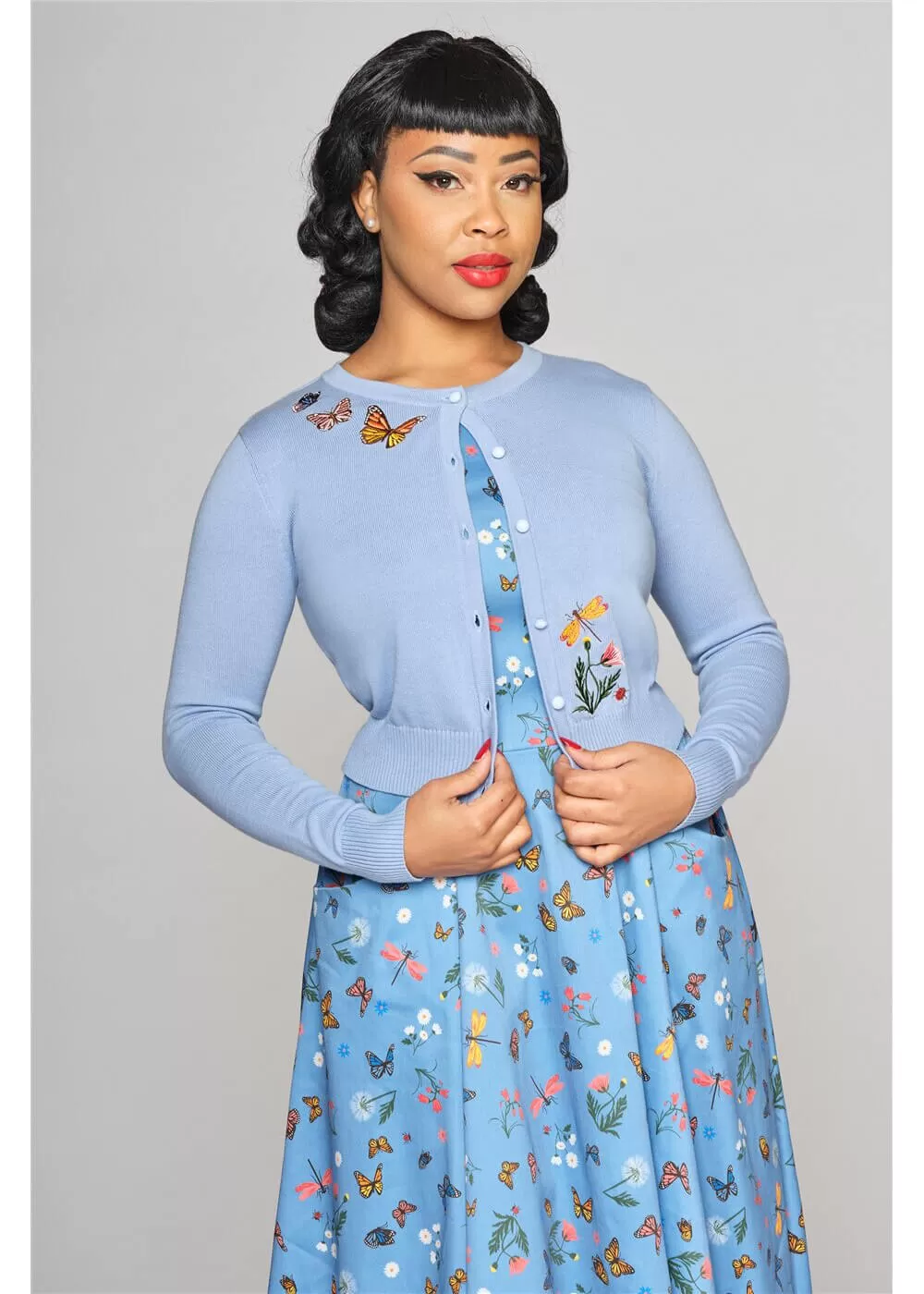 Collectif Jessie Butterfly Fields 40's Cardigan Light Blue