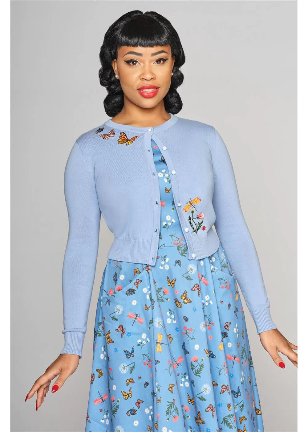 Collectif Jessie Butterfly Fields 40's Cardigan Light Blue