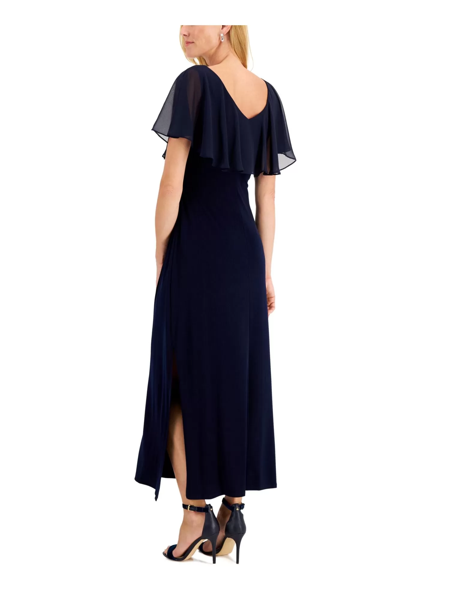 CONNECTED APPAREL Womens Navy Fitted Slitted Cape Style Sleeves Pullover Styl Sleeveless V Neck Maxi Party Sheath Dress