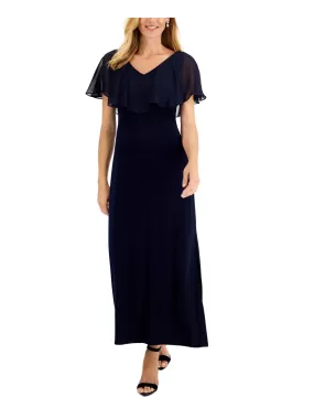 CONNECTED APPAREL Womens Navy Fitted Slitted Cape Style Sleeves Pullover Styl Sleeveless V Neck Maxi Party Sheath Dress