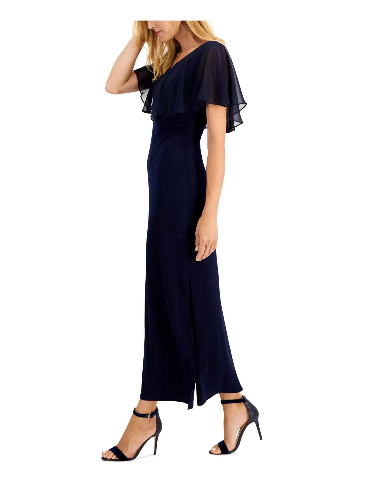 CONNECTED APPAREL Womens Navy Fitted Slitted Cape Style Sleeves Pullover Styl Sleeveless V Neck Maxi Party Sheath Dress