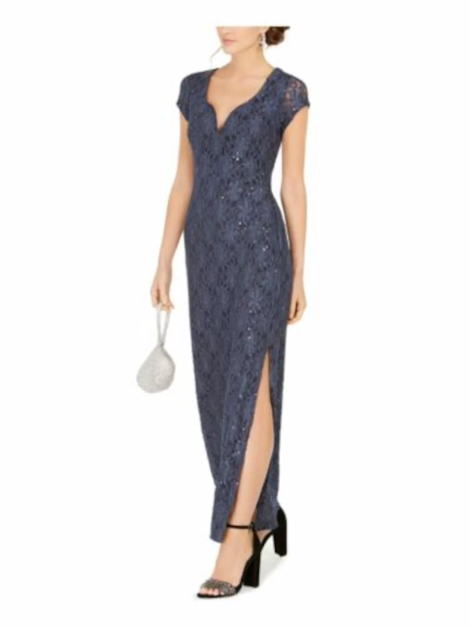 CONNECTED APPAREL Womens Sequined Short Sleeve V Neck Maxi Cocktail Sheath Dress