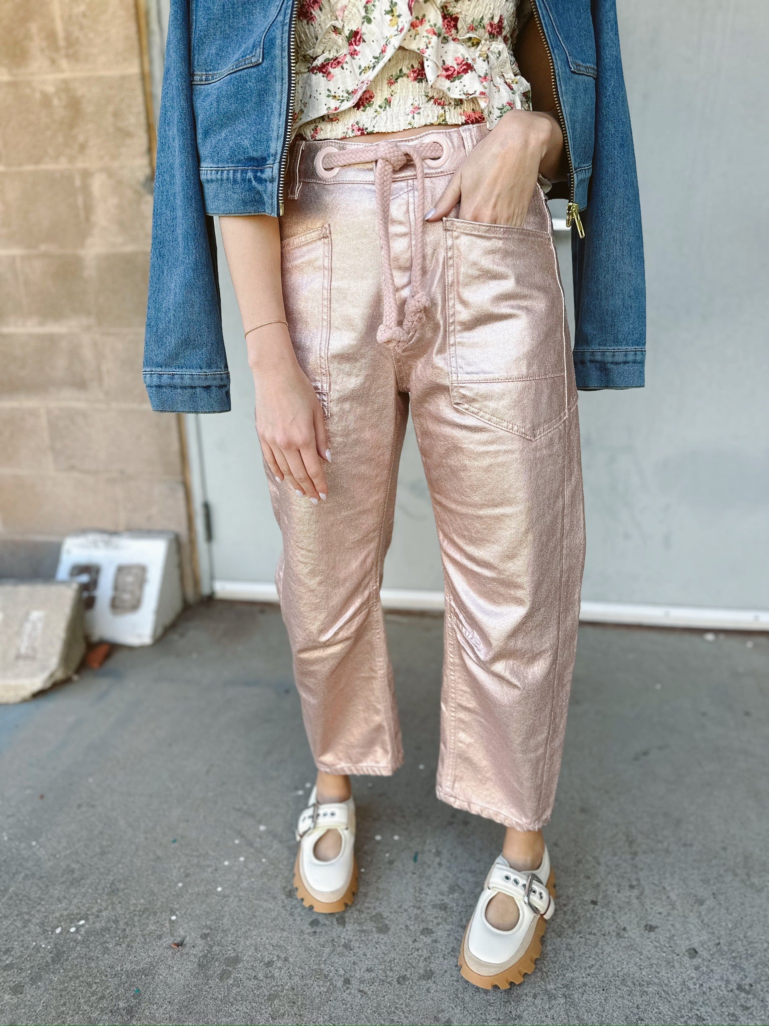 Free People | Moxie Low Slung Pull On Pant | Metallic Bubblegum | FINAL SALE