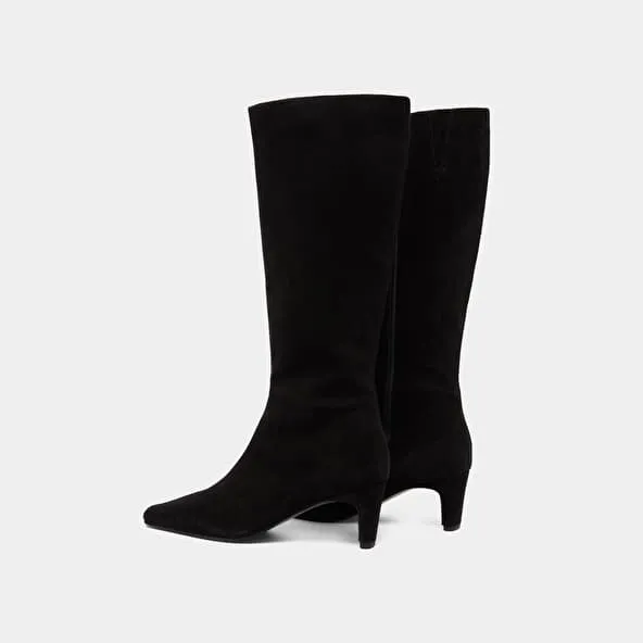 Heeled boots with pointed toes in black suede