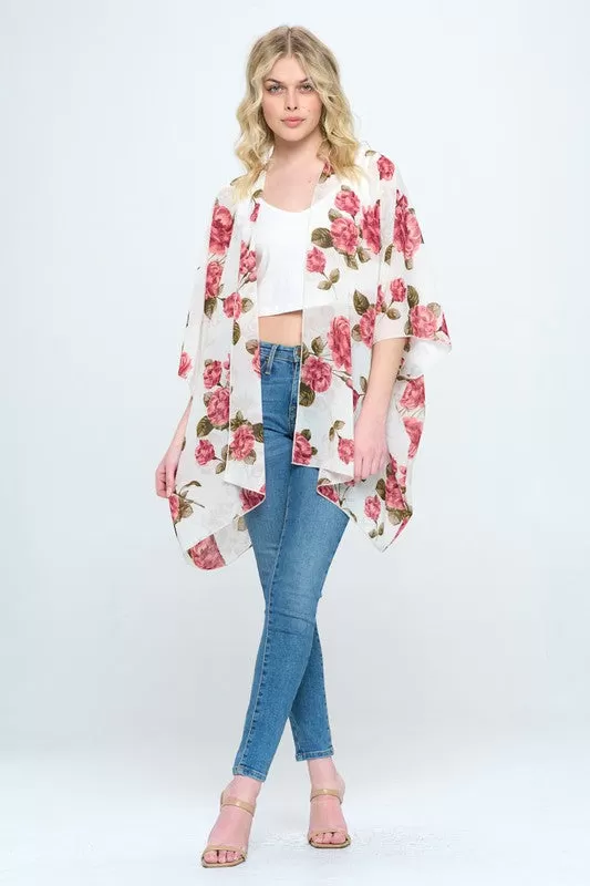 Loose fit kimono cardigan top with flower floral