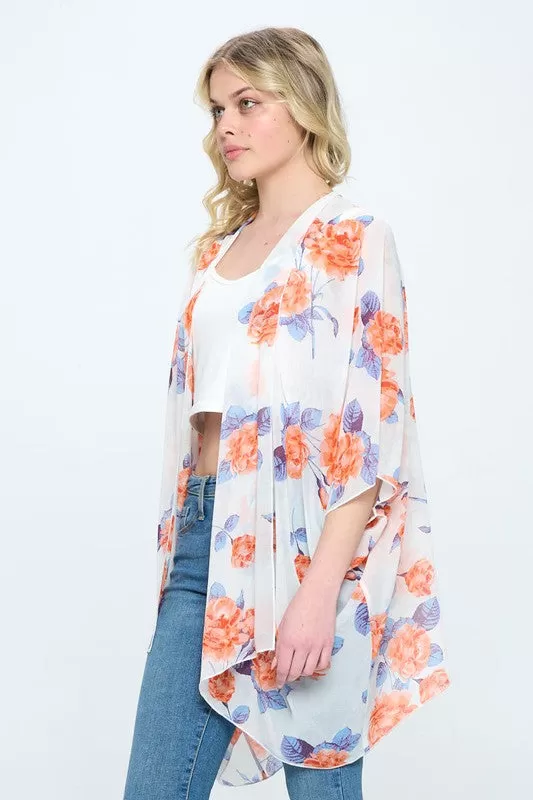 Loose fit kimono cardigan top with flower floral