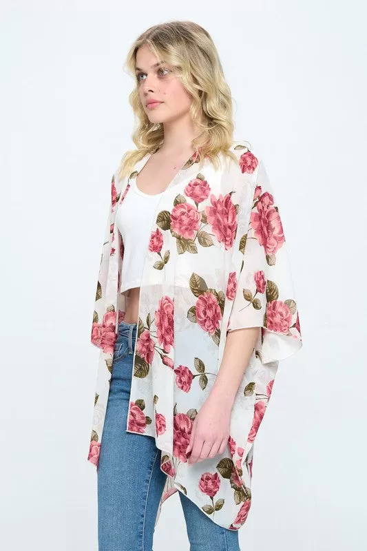 Loose fit kimono cardigan top with flower floral