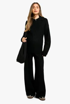 Maternity Soft Knit Thick Rib Zip Neck Oversized Sweater And Wide Leg Pants Set