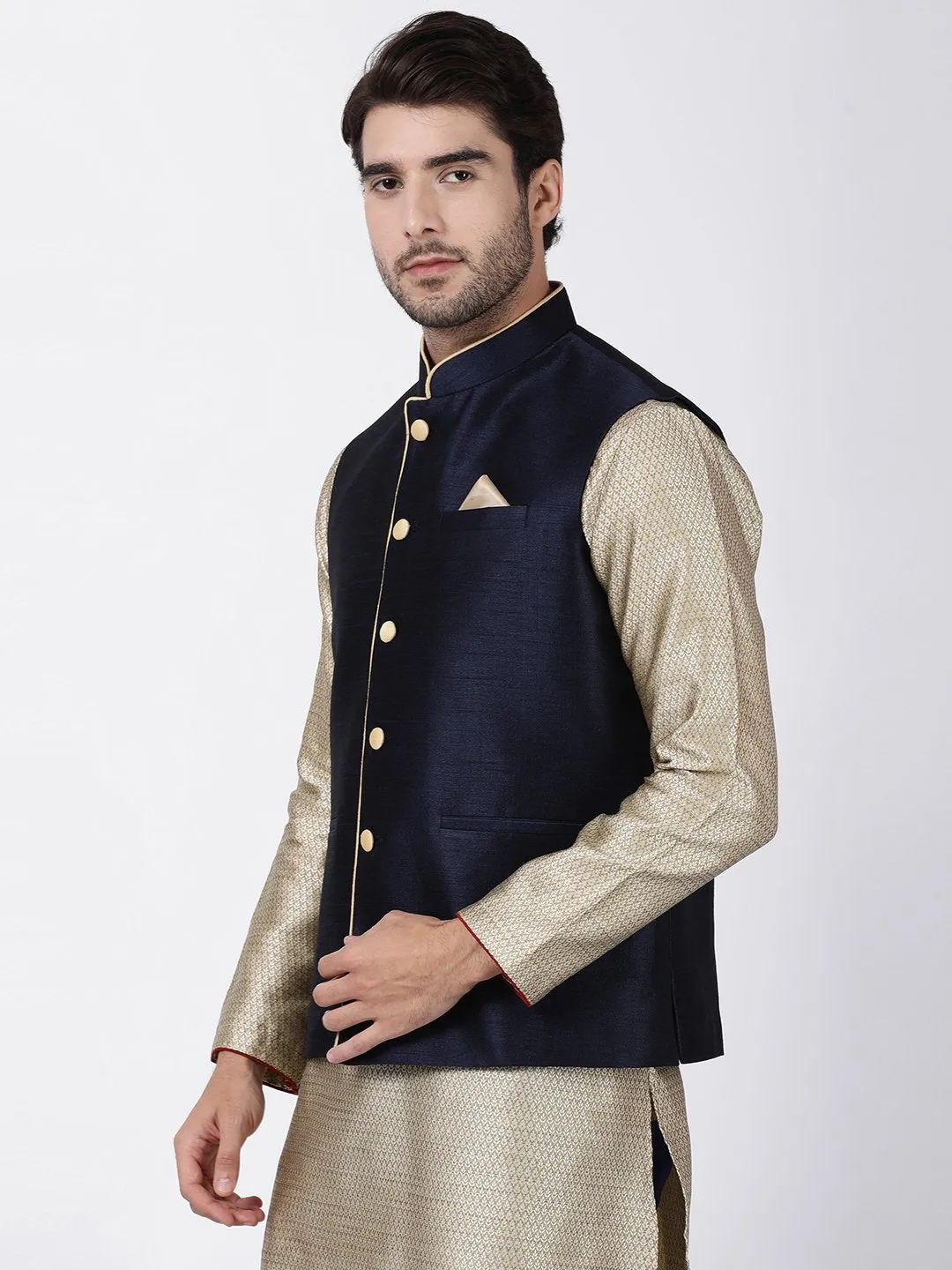 Men's Dark Blue Cotton Silk Blend Ethnic Jacket