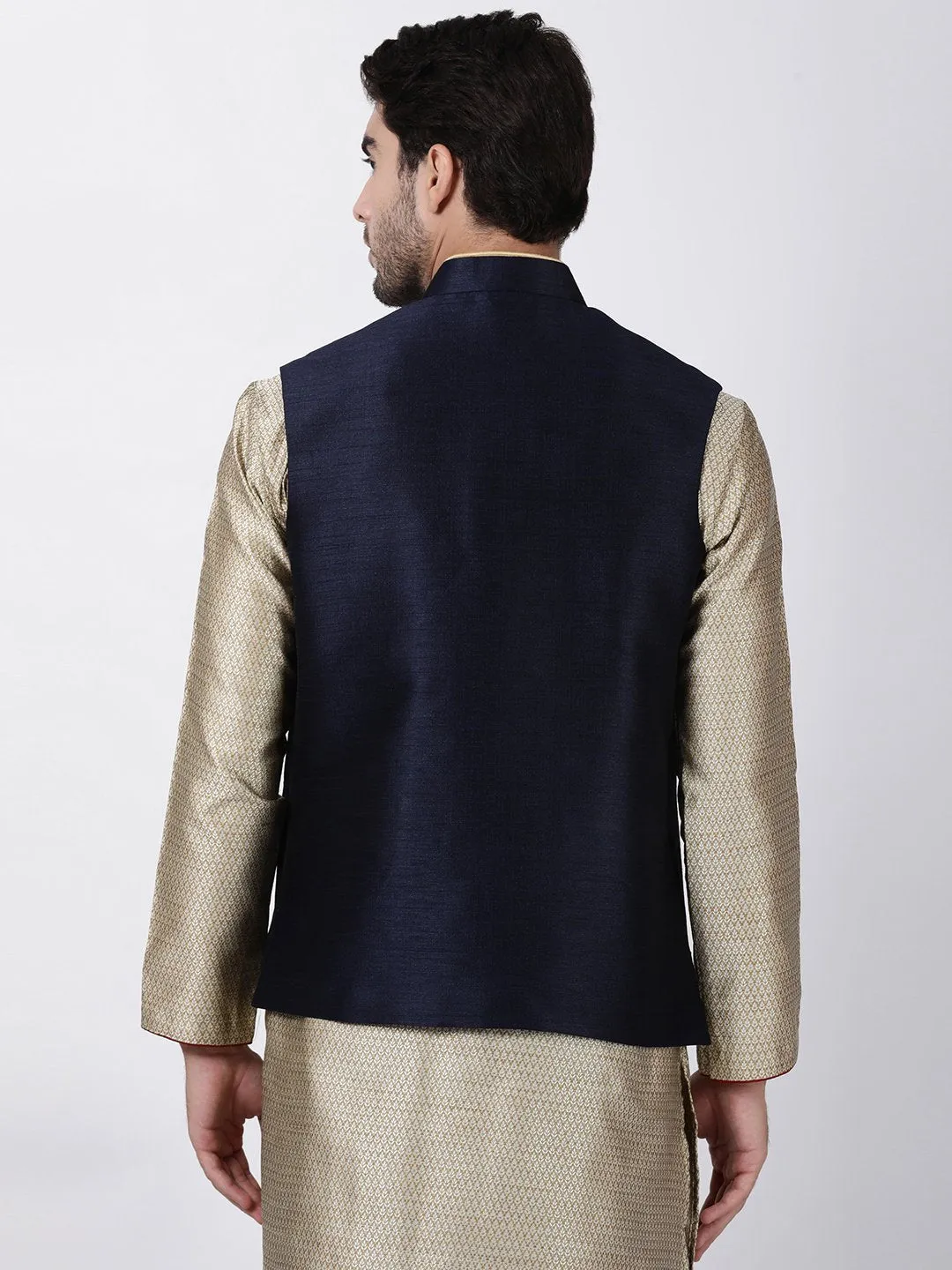 Men's Dark Blue Cotton Silk Blend Ethnic Jacket