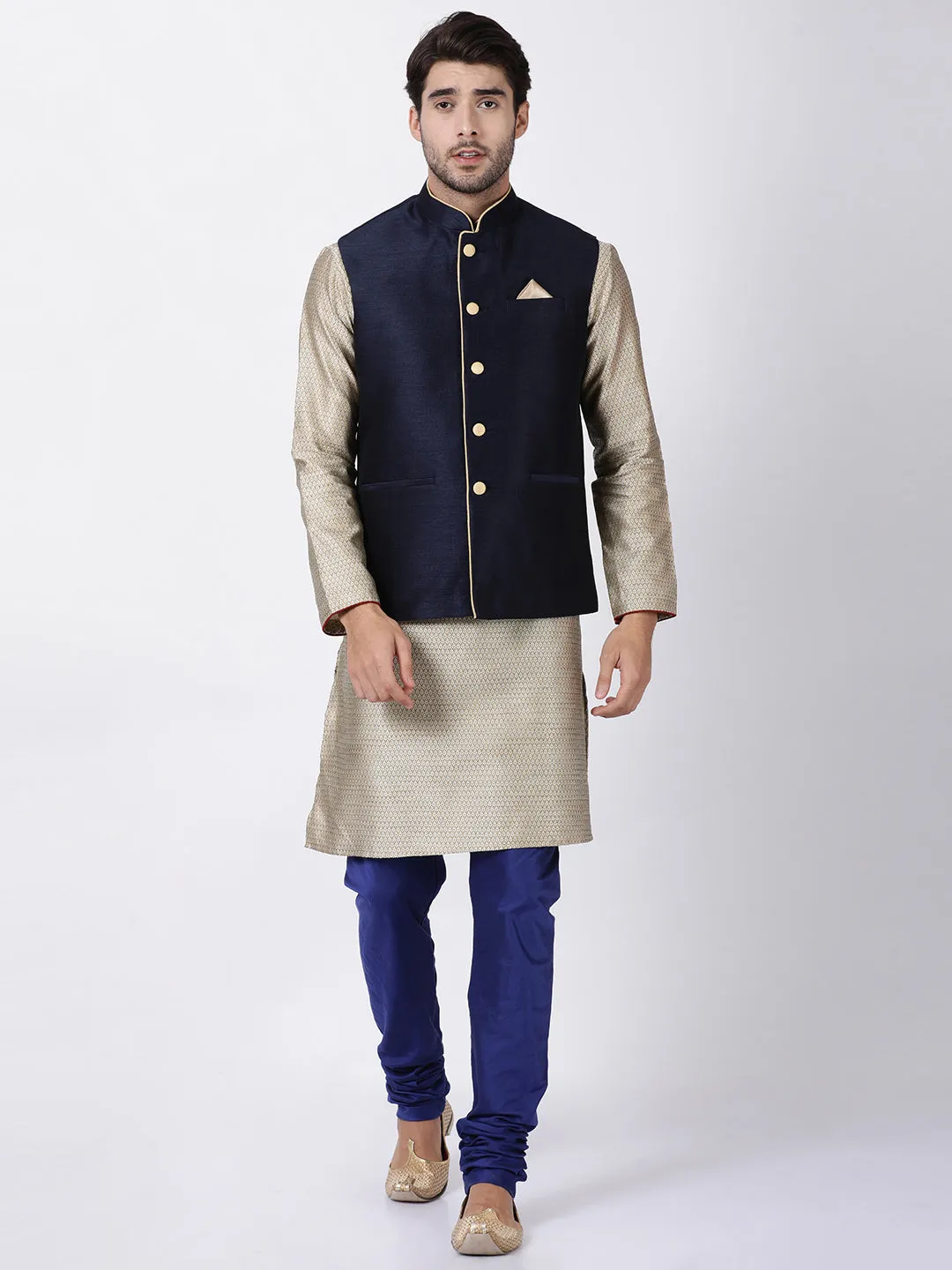 Men's Dark Blue Cotton Silk Blend Ethnic Jacket