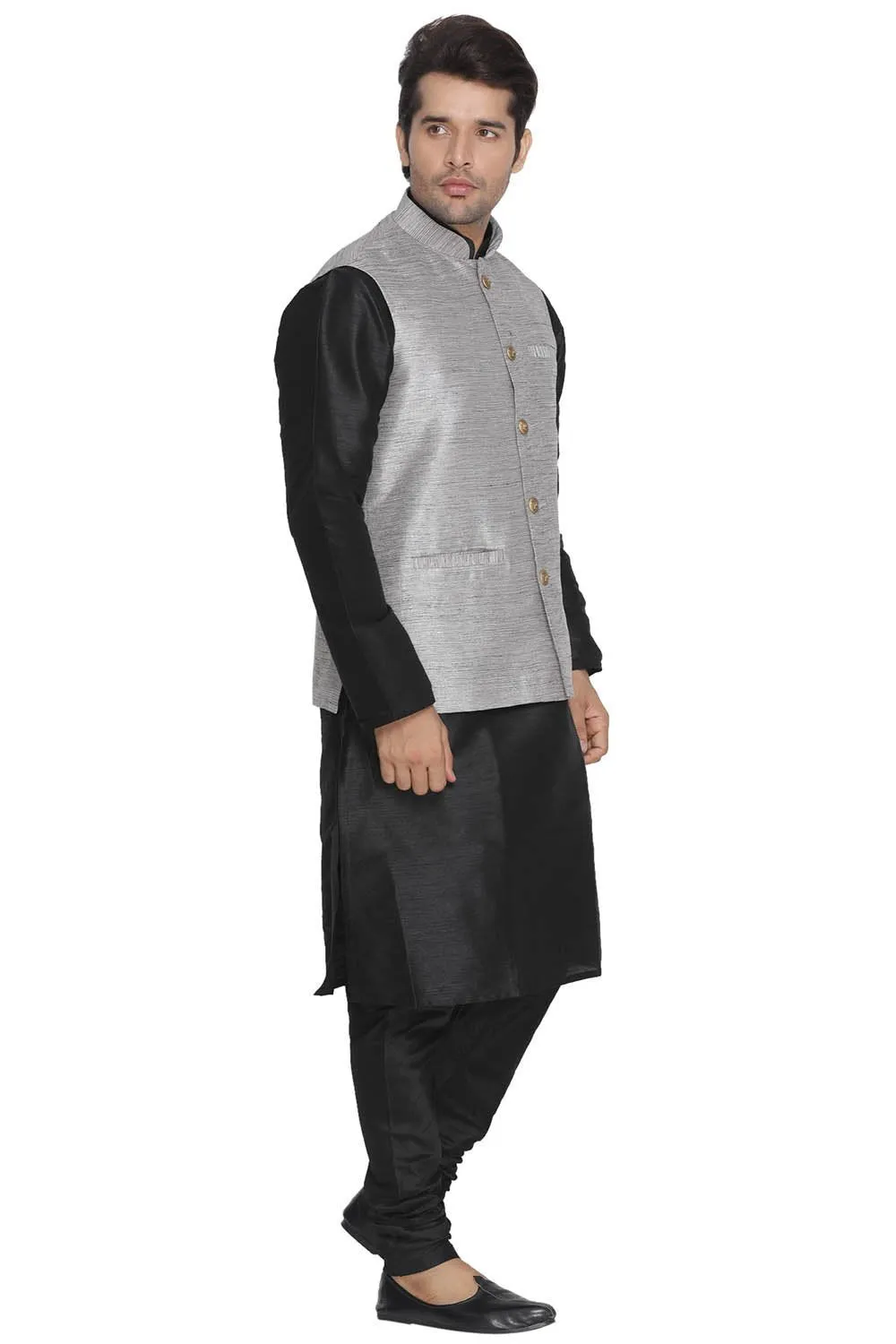 Men's Grey Cotton Silk Blend Kurta, Ethnic Jacket and Pyjama Set