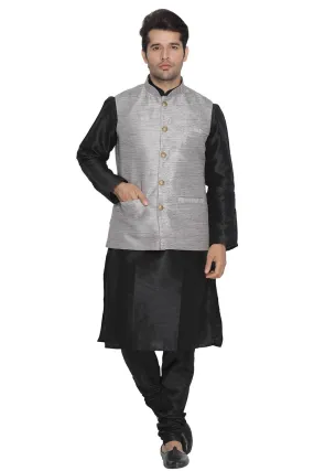 Men's Grey Cotton Silk Blend Kurta, Ethnic Jacket and Pyjama Set