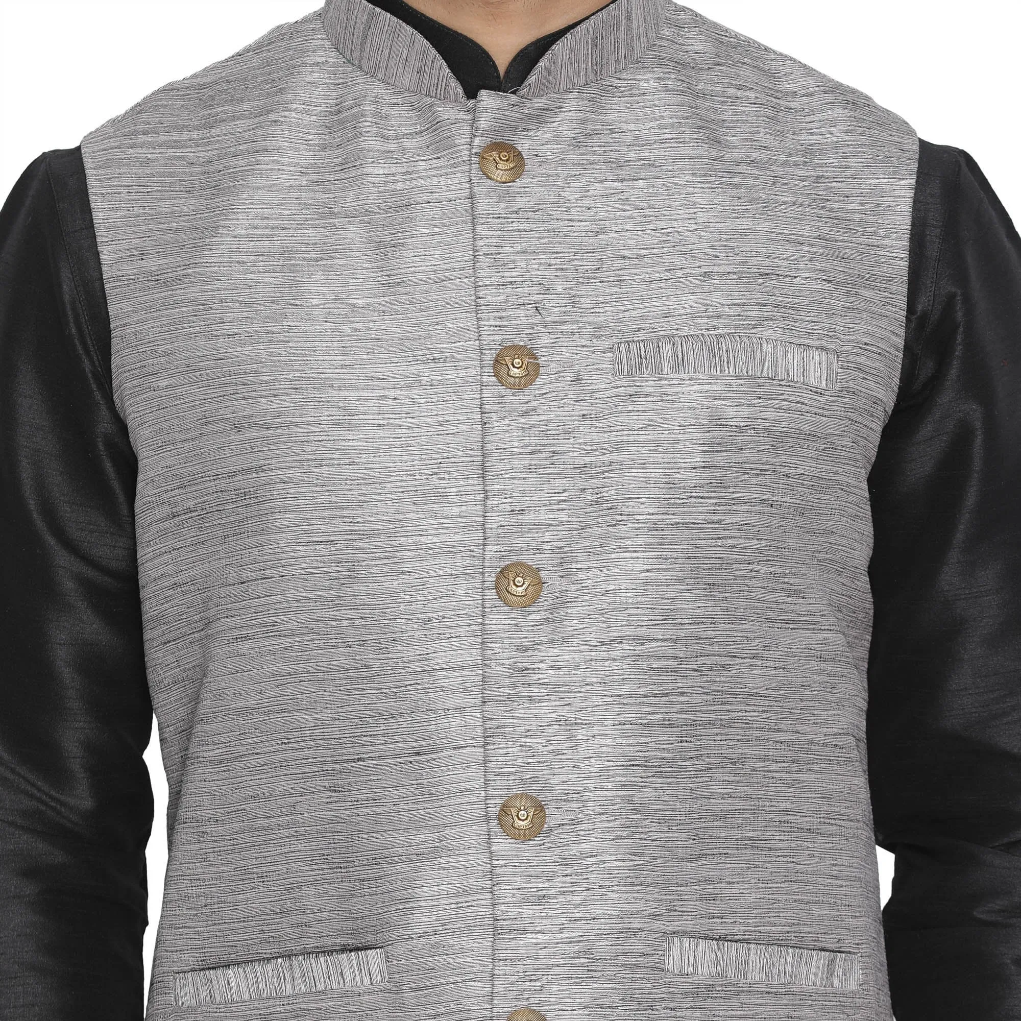 Men's Grey Cotton Silk Blend Kurta, Ethnic Jacket and Pyjama Set