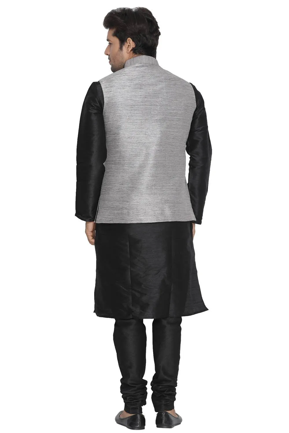 Men's Grey Cotton Silk Blend Kurta, Ethnic Jacket and Pyjama Set