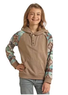 Panhandle Slim Girl's Contrast Aztec Print Long Sleeve Hoodie