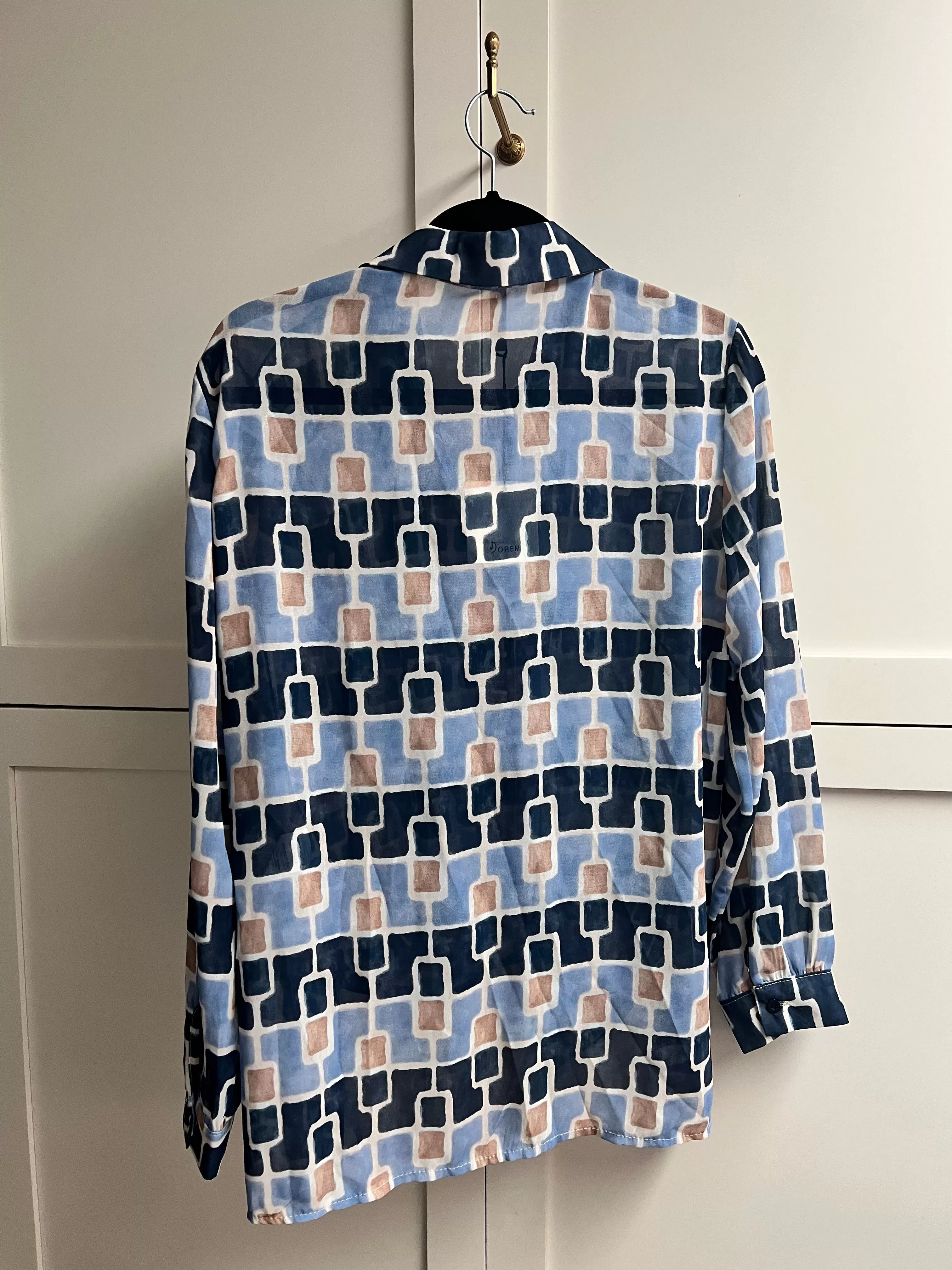 Sheer Blouse | Geometric Blue + Tan