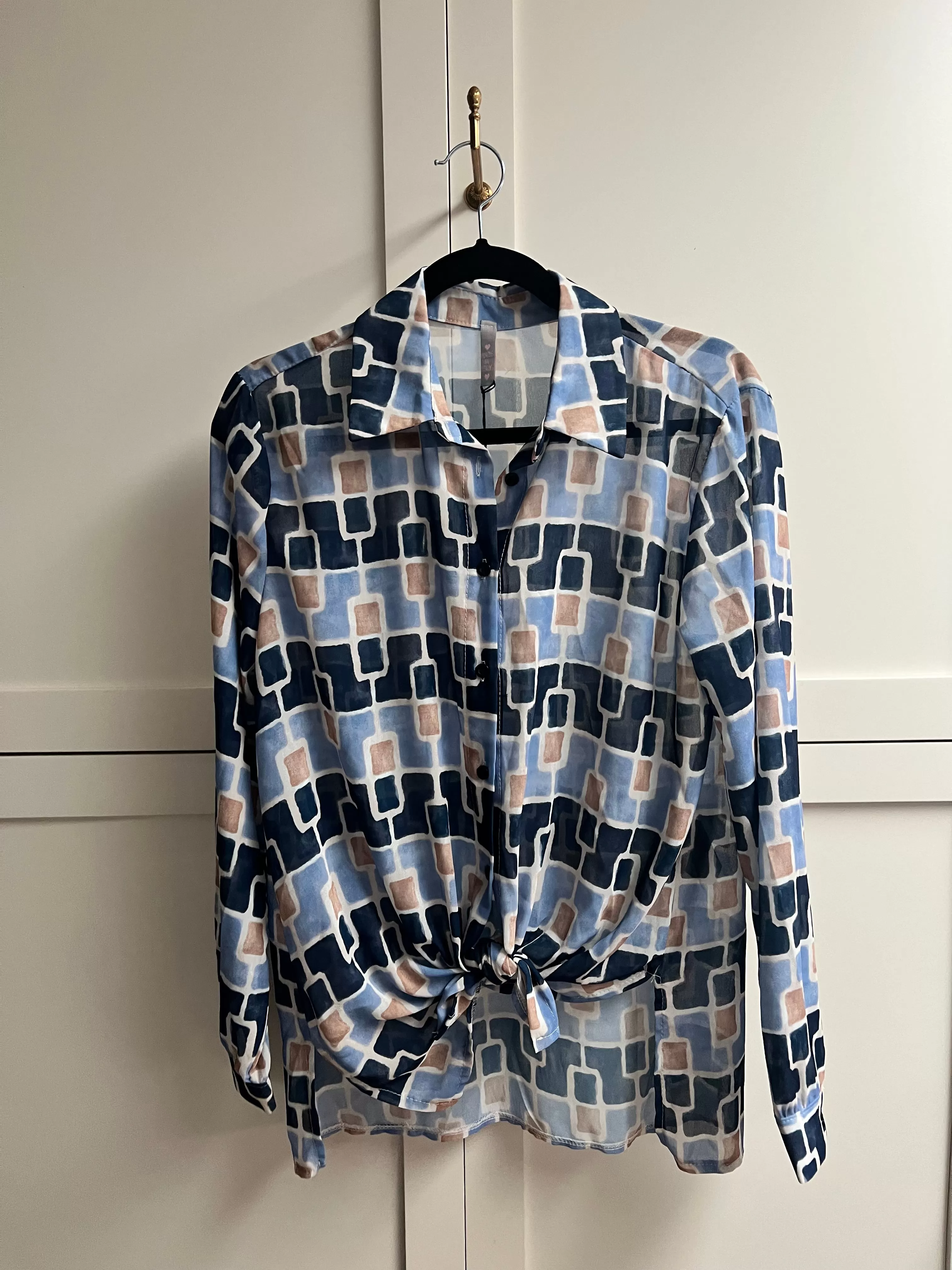 Sheer Blouse | Geometric Blue + Tan