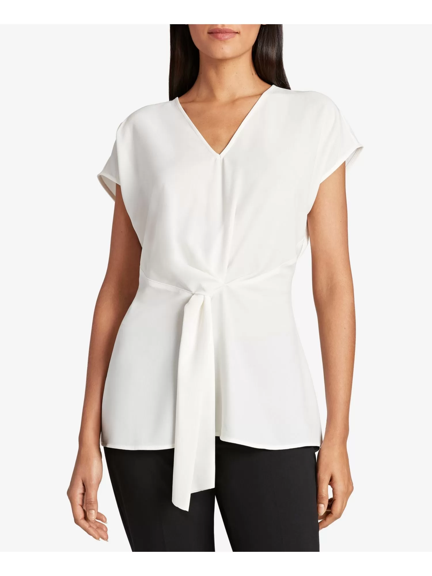 TAHARI Womens Ivory Textured Tie Sash At Waist Short Sleeve V Neck Wear To Work Top