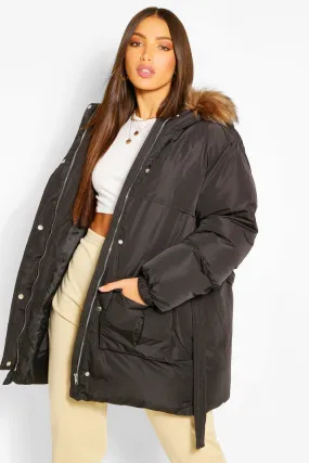 Tall Faux Fur Belted Padded Coat