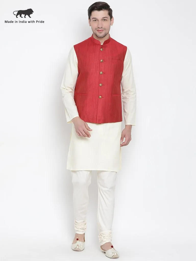 VASTRAMAY Men's Beige Cotton Blend Kurta, Ethnic Jacket and Pyjama Set