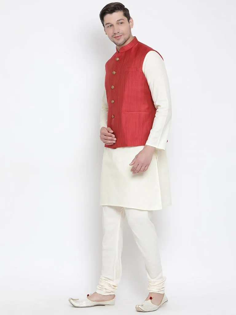 VASTRAMAY Men's Beige Cotton Blend Kurta, Ethnic Jacket and Pyjama Set