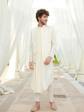 Vastramay Men's Cream Mirror Jacket With Pleated kurta pyjama Set