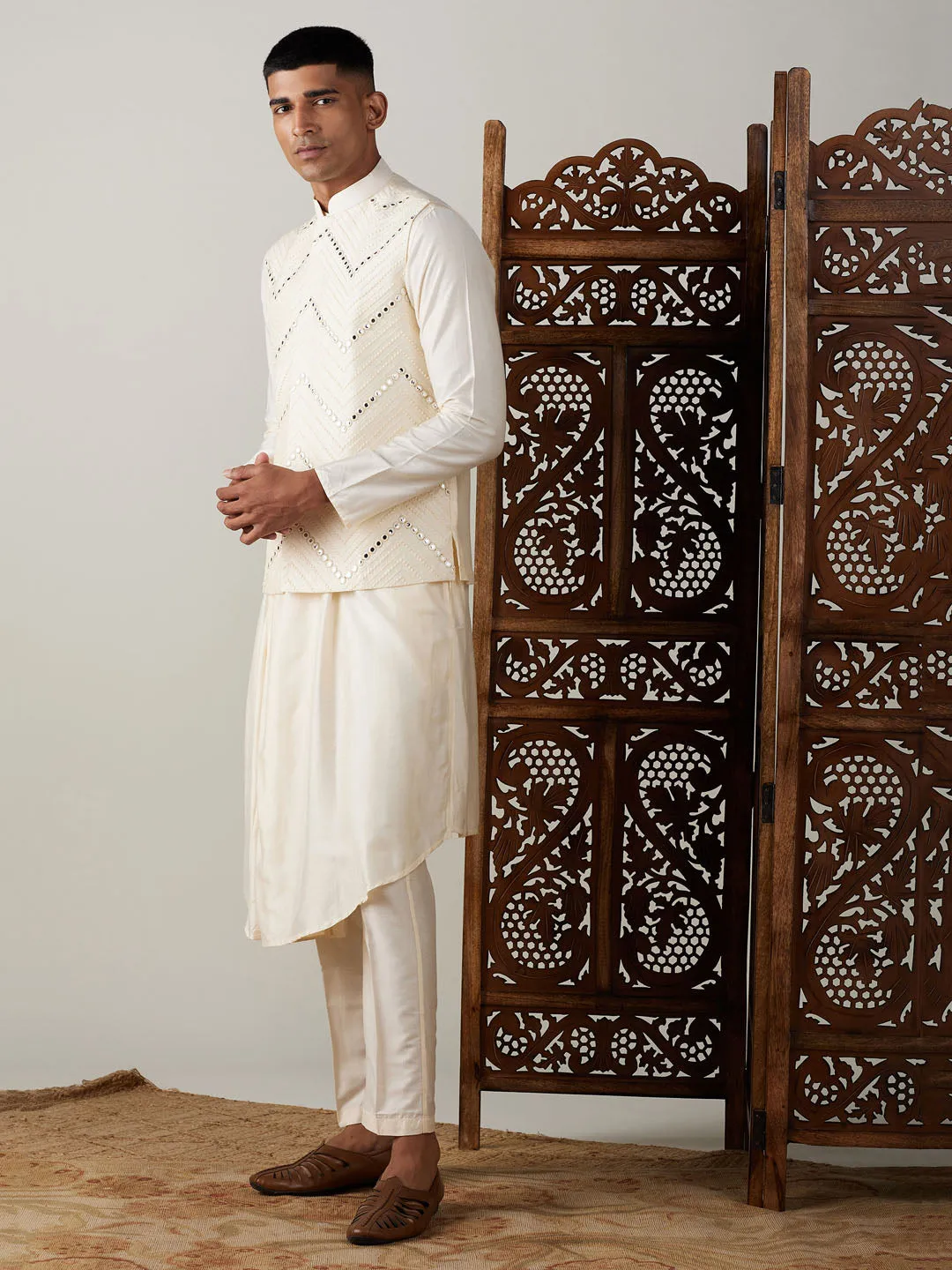 Vastramay Men's Cream Mirror Jacket With Pleated kurta pyjama Set