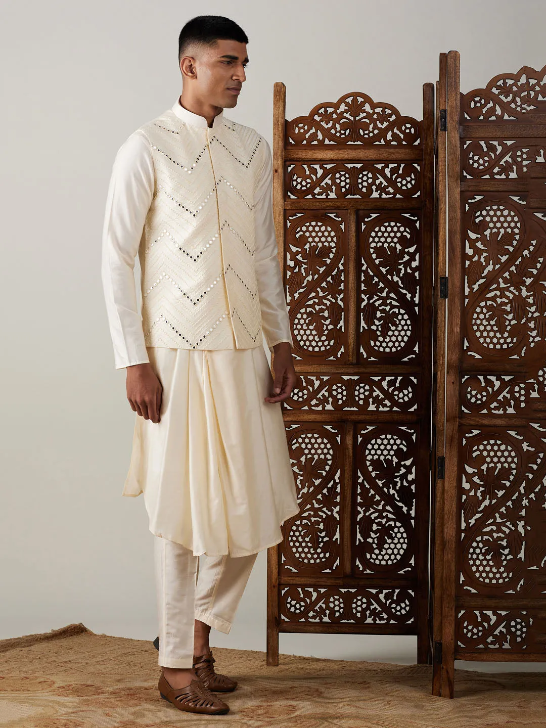 Vastramay Men's Cream Mirror Jacket With Pleated kurta pyjama Set