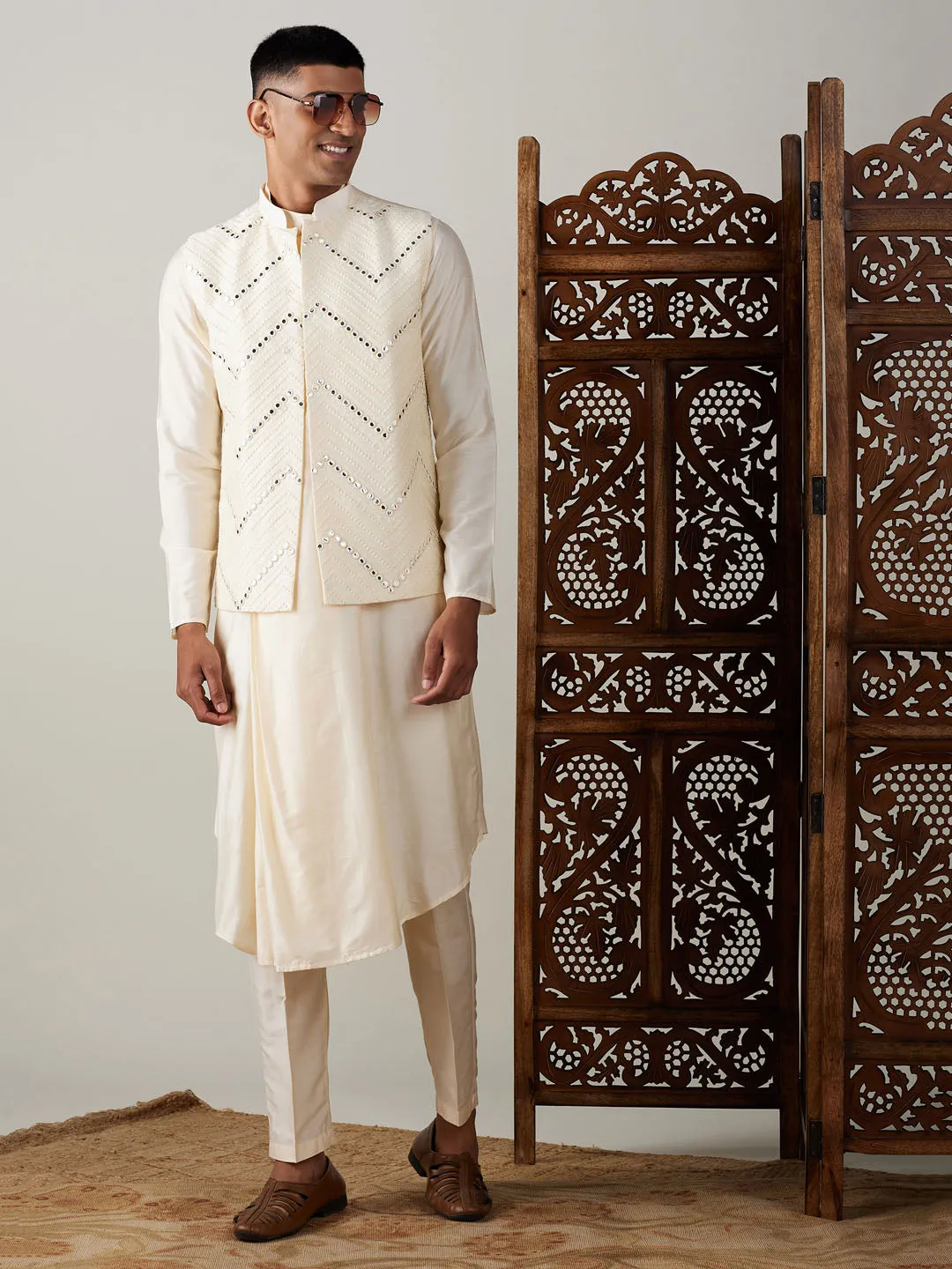 Vastramay Men's Cream Mirror Jacket With Pleated kurta pyjama Set