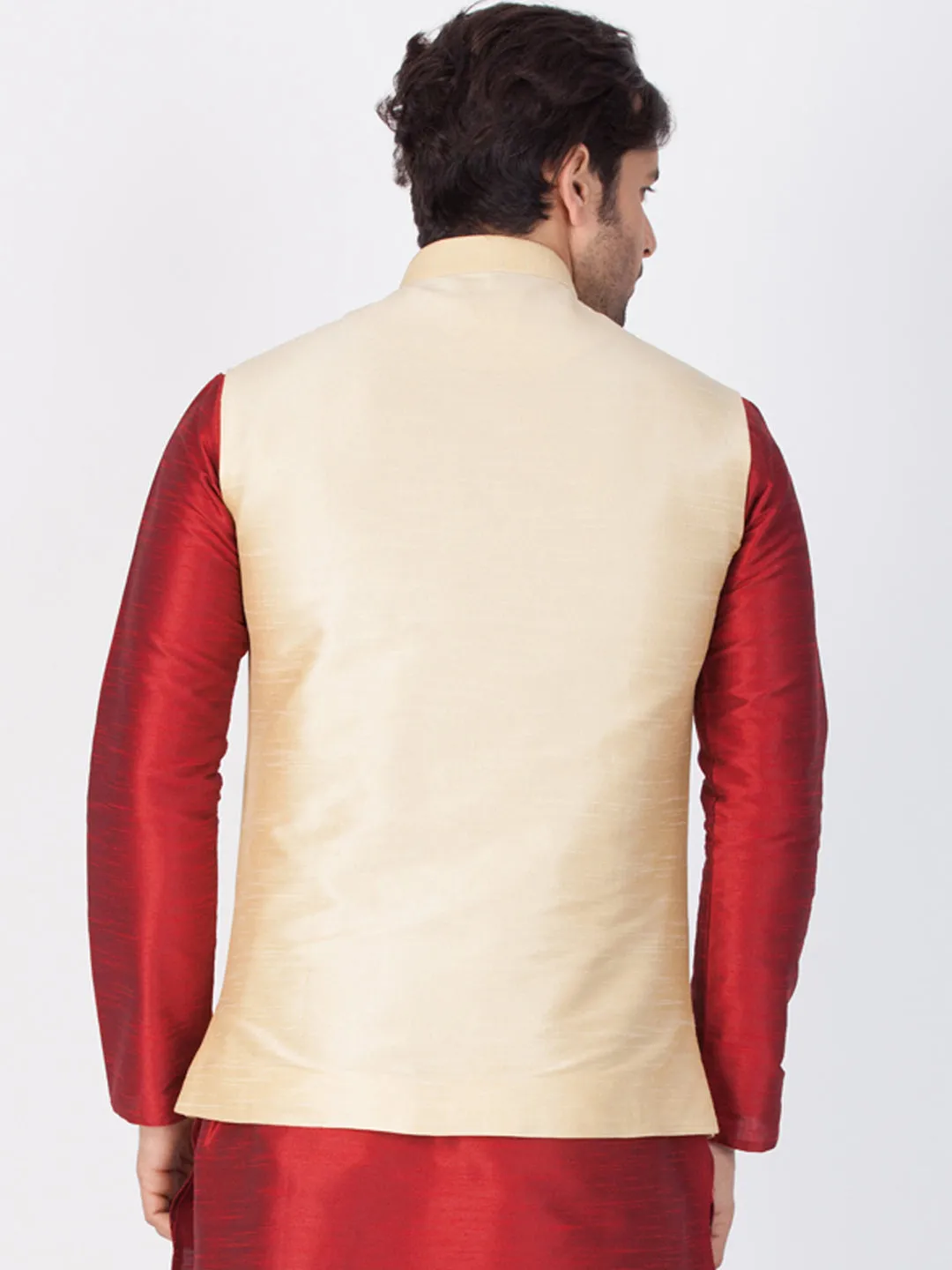 VASTRAMAY Men's Gold Cotton Silk Blend Ethnic Jacket