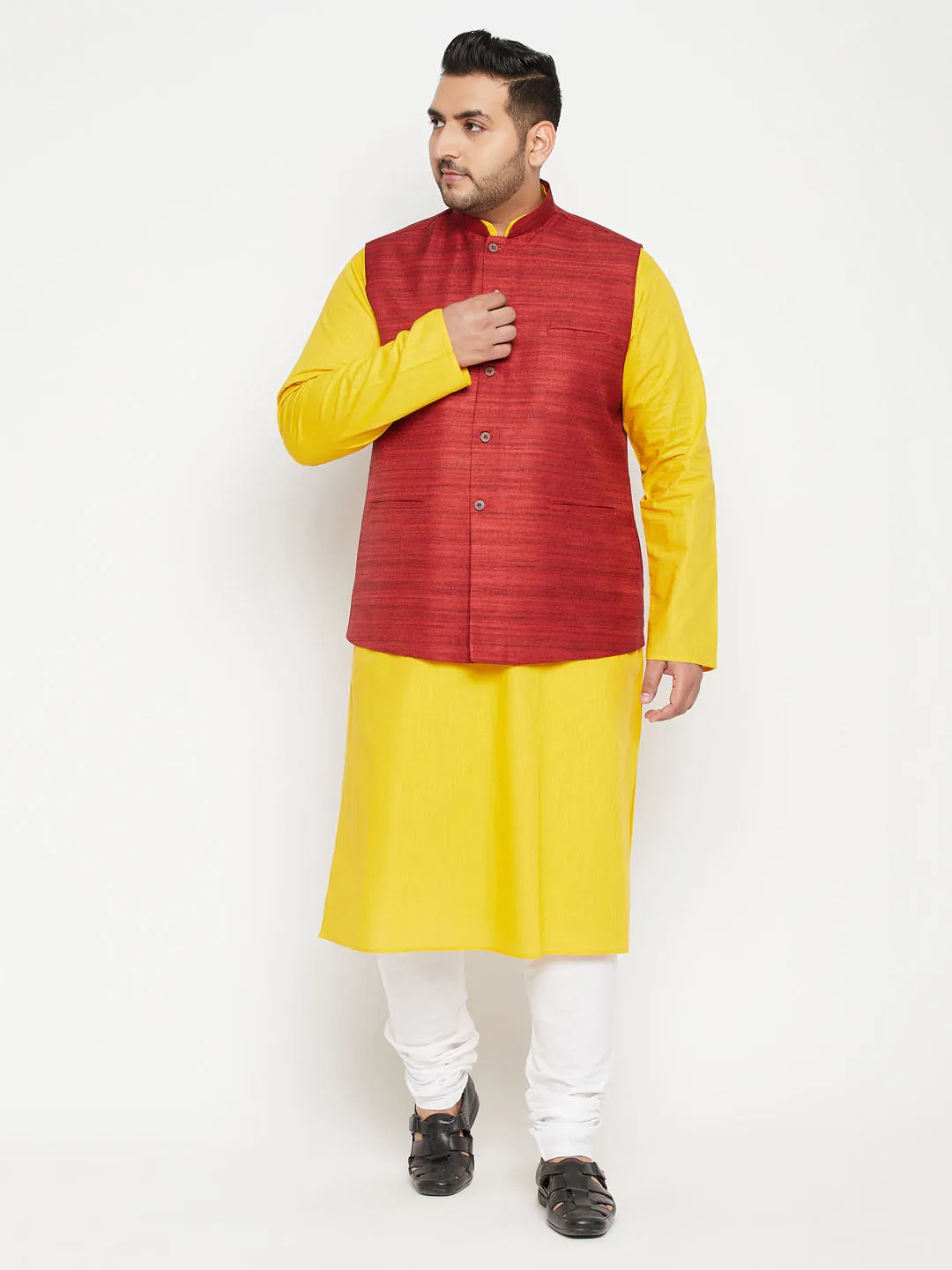 VASTRAMAY Men's Plus Size Mustard and Maroon Cotton Blend Jacket Kurta Pyjama Set