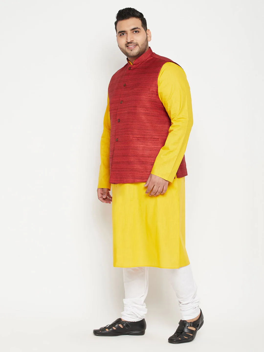 VASTRAMAY Men's Plus Size Mustard and Maroon Cotton Blend Jacket Kurta Pyjama Set